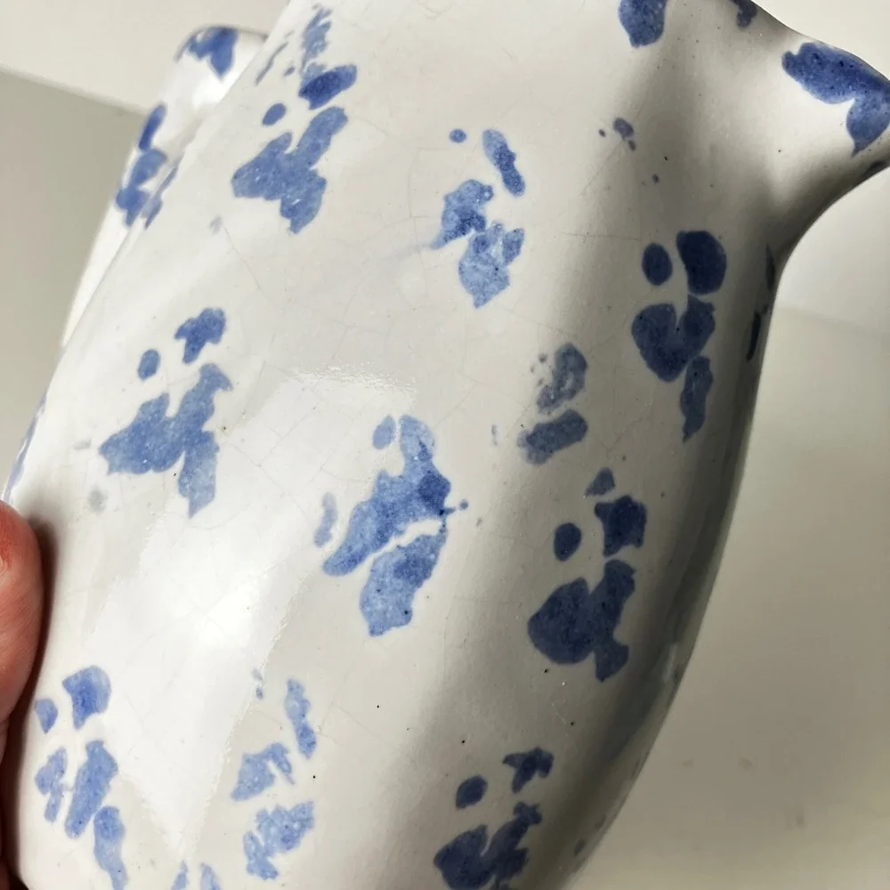 Bybee Pottery Pitcher Creamer 6in White Blue Spongeware Vintage Kentucky BB